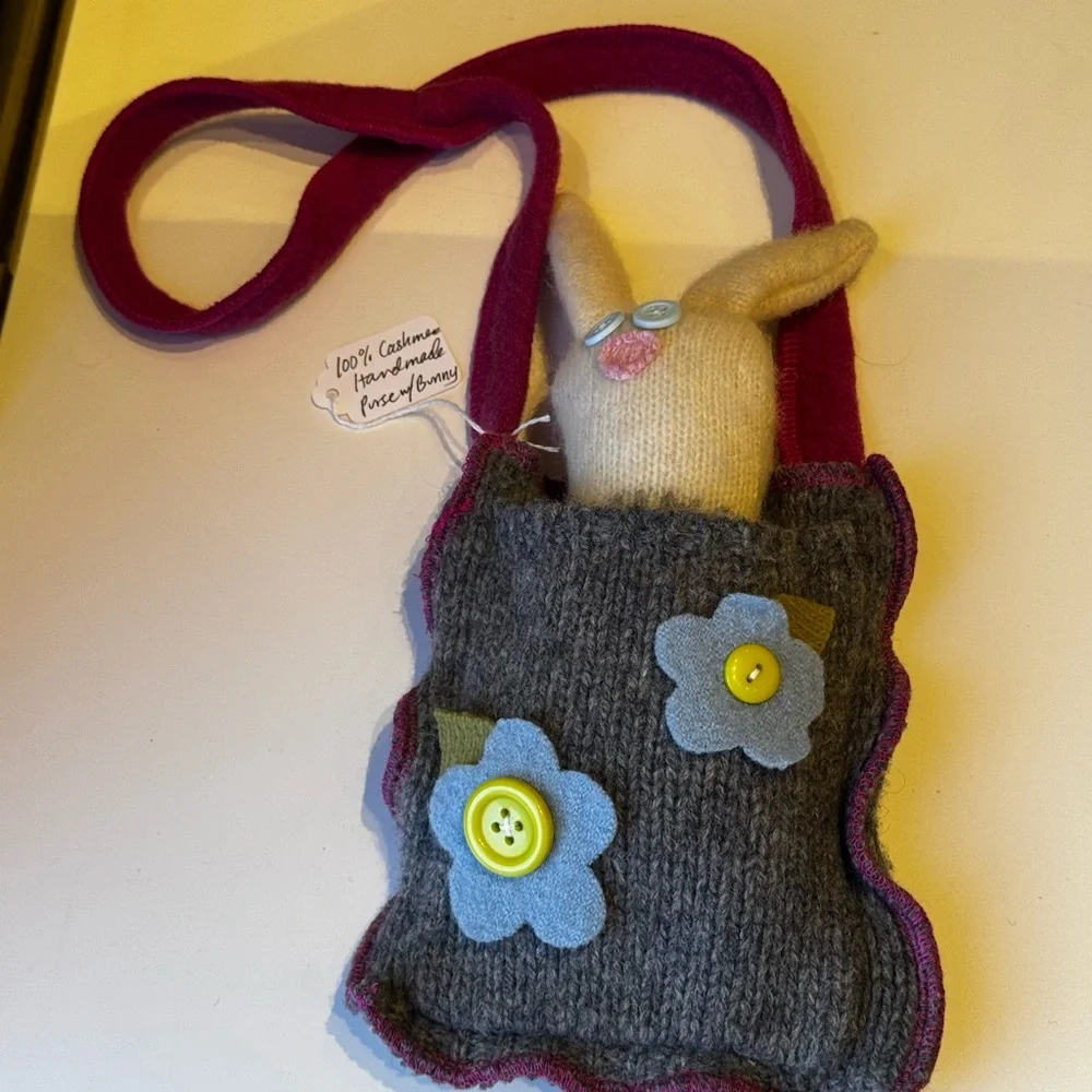 OOAK 100% Cashmere Handmade Gray and Pink Wool Bag and Bunny